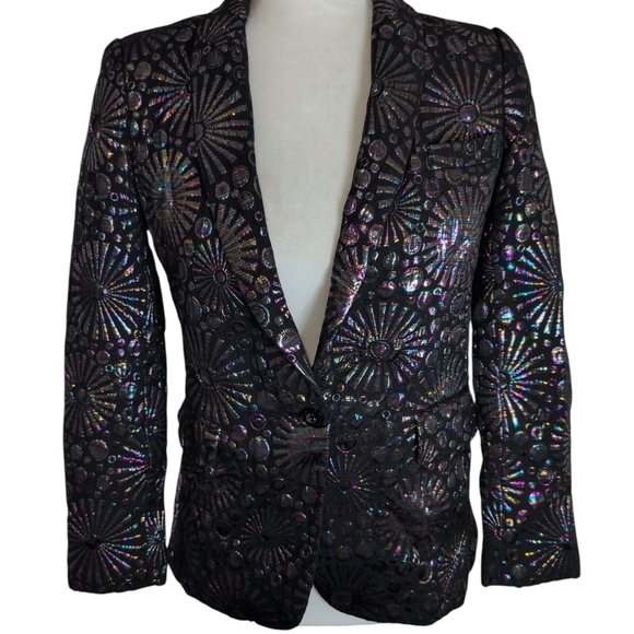 Rebecca Minkoff Blazer Jacket Womens 0 Black Base/Iridescent Maximalist Textured - Picture 15 of 15